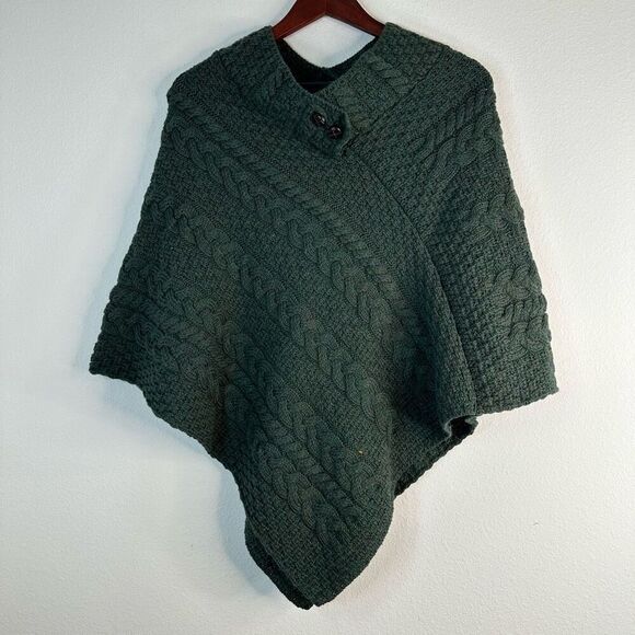 Aran Woollen Mills Green Cable Knit Poncho Sweater Irish Merino Wool One Size - Picture 1 of 9